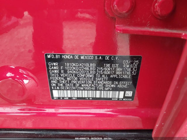 Продажа на аукционе авто 2025 Honda Hr-v Awd Ex-l, vin: 3CZRZ2H72SM789546, номер лота: 45986778