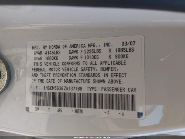 Продаж на аукціоні авто 2007 Honda Accord 2.4 Se, vin: 1HGCM56367A137188, номер лоту: 45986791