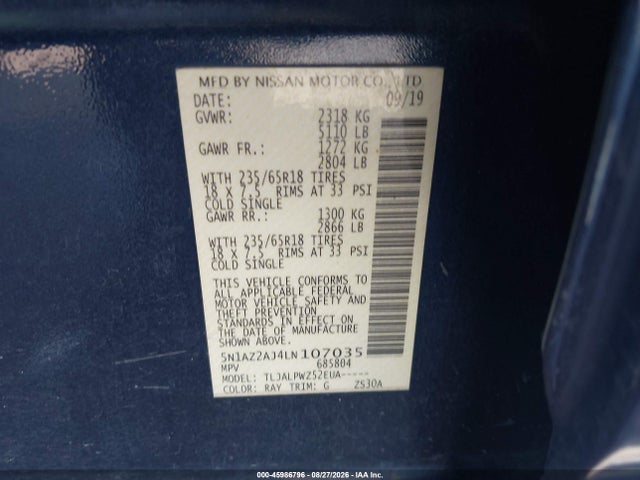 45986796 :رقم المزاد ، 5N1AZ2AJ4LN107035 vin ، 2020 Nissan Murano S Fwd مزاد بيع
