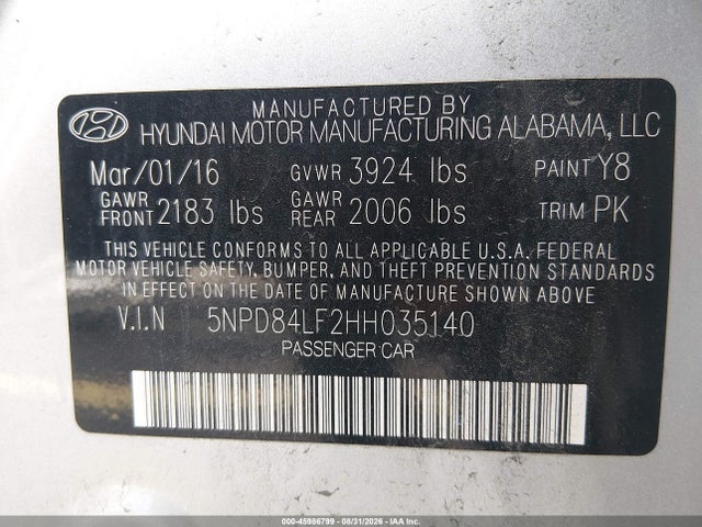 Продажа на аукционе авто 2017 Hyundai Elantra Limited, vin: 5NPD84LF2HH035140, номер лота: 45986799