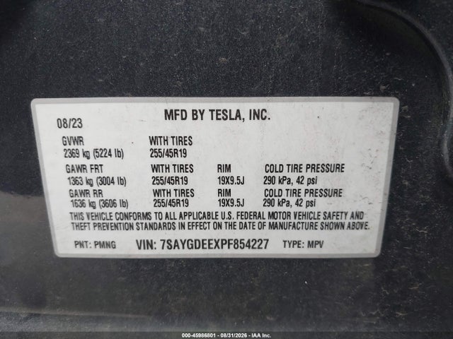 45986801 :رقم المزاد ، 7SAYGDEEXPF854227 vin ، 2023 Tesla Model Y Awd/long Range Dual Motor All-wheel Drive مزاد بيع