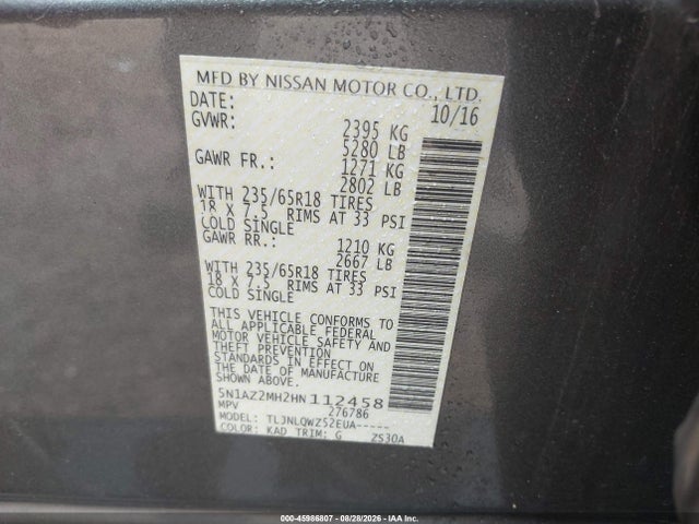 Продажа на аукционе авто 2017 Nissan Murano Sv, vin: 5N1AZ2MH2HN112458, номер лота: 45986807