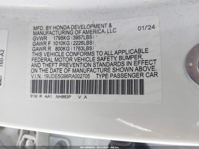 2024 Acura Integra Type S მანქანა იყიდება აუქციონზე, vin: 19UDE5G96RA002705, აუქციონის ნომერი: 45986809