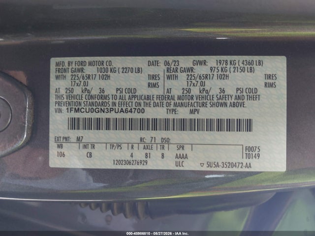 Продажа на аукционе авто 2023 Ford Escape Active, vin: 1FMCU0GN3PUA64700, номер лота: 45986810