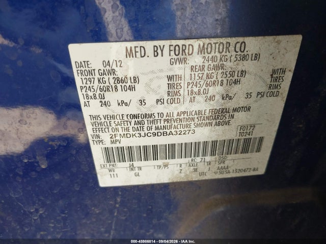 45986814 :رقم المزاد ، 2FMDK3JC9DBA32273 vin ، 2013 Ford Edge Sel مزاد بيع