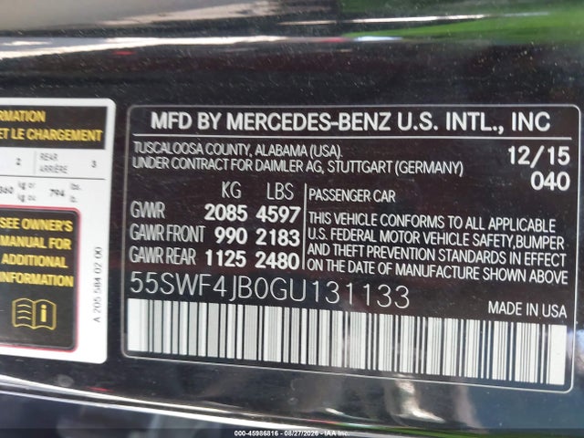 Продаж на аукціоні авто 2016 Mercedes-benz C 300, vin: 55SWF4JB0GU131133, номер лоту: 45986816
