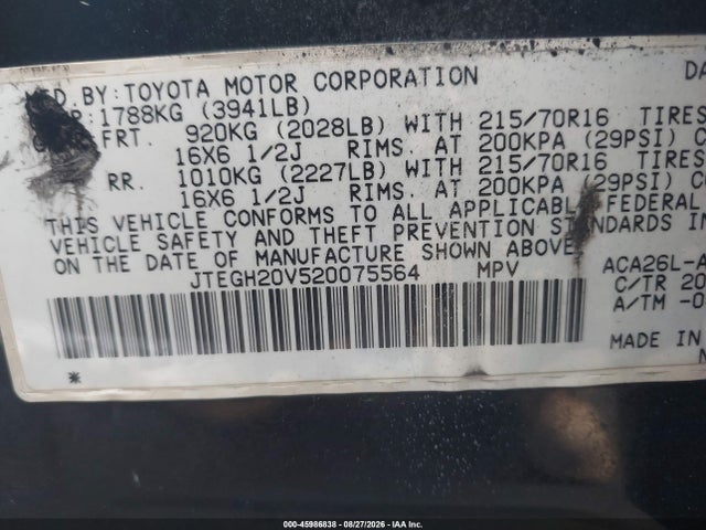 45986838 :رقم المزاد ، JTEGH20V520075564 vin ، 2002 Toyota Rav4 مزاد بيع