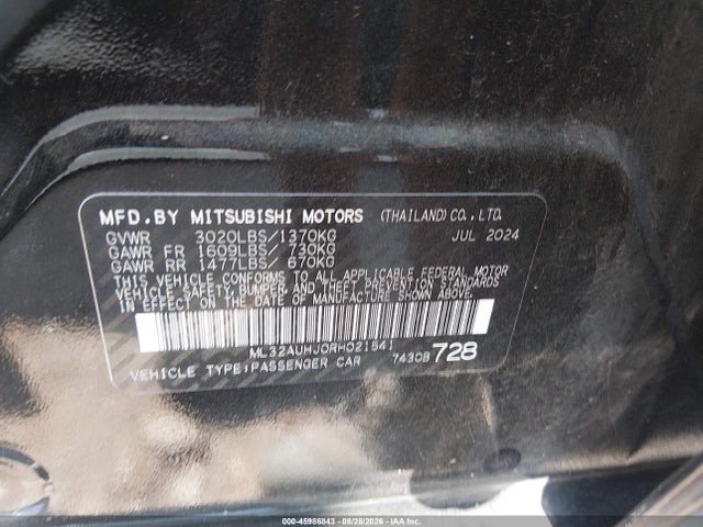 Aukcja sprzedaży 2024 Mitsubishi Mirage Es/le, vin: ML32AUHJ0RH021541, numer aukcji: 45986843