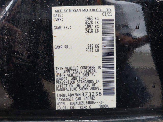 Продажа на аукционе авто 2021 Nissan Altima S Fwd, vin: 1N4BL4BV7MN373258, номер лота: 45986871