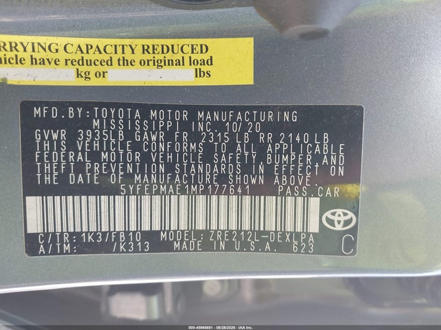 Aukcja sprzedaży 2021 Toyota Corolla Le, vin: 5YFEPMAE1MP177641, numer aukcji: 45986881