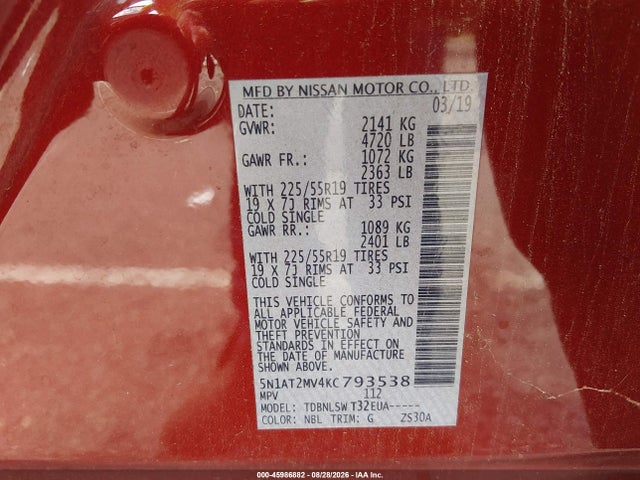Aukcja sprzedaży 2019 Nissan Rogue Sl, vin: 5N1AT2MV4KC793538, numer aukcji: 45986882