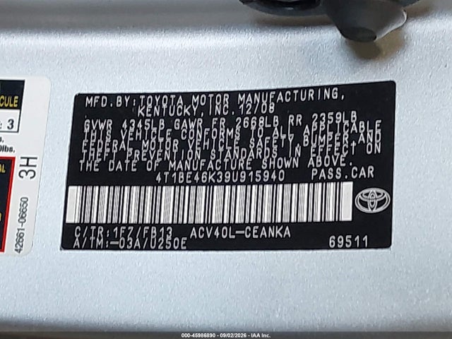 Продажа на аукционе авто 2009 Toyota Camry Le, vin: 4T1BE46K39U915940, номер лота: 45986890