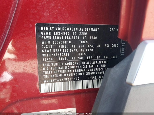 2015 Volkswagen Tiguan Sel მანქანა იყიდება აუქციონზე, vin: WVGBV7AX7FW023520, აუქციონის ნომერი: 45986894