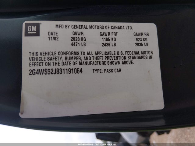 Продаж на аукціоні авто 2003 Buick Century Custom, vin: 2G4WS52J831191064, номер лоту: 45986901