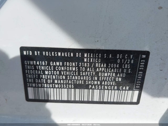 45986905 :رقم المزاد ، 3VW5W7BU6TM035265 vin ، 2026 Volkswagen Jetta S مزاد بيع