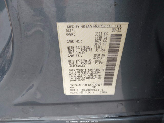 Продажа на аукционе авто 2012 Nissan Armada Platinum, vin: 5N1BA0NE7CN601967, номер лота: 45986917