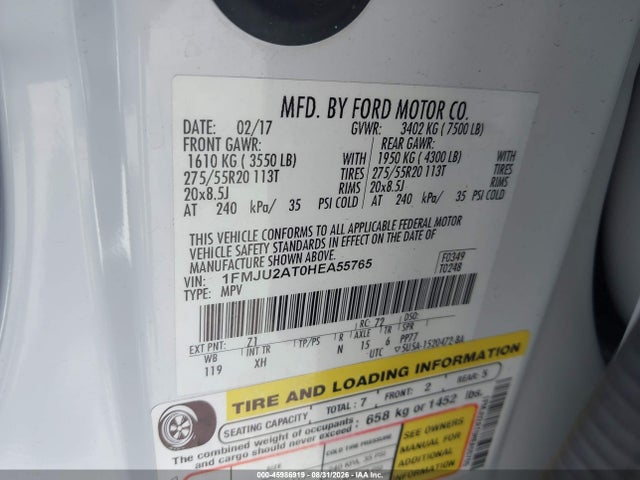 45986919 :رقم المزاد ، 1FMJU2AT0HEA55765 vin ، 2017 Ford Expedition Limited مزاد بيع