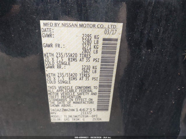 45986921 :رقم المزاد ، 5N1AZ2MH2HN146755 vin ، 2017 Nissan Murano Platinum مزاد بيع
