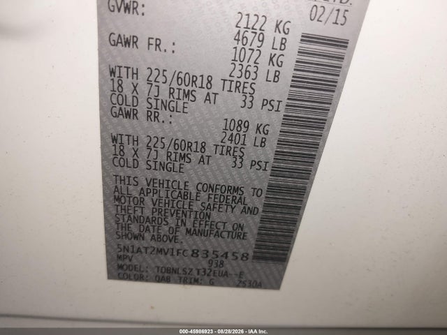 45986923 :رقم المزاد ، 5N1AT2MV1FC835458 vin ، 2015 Nissan Rogue Sl مزاد بيع