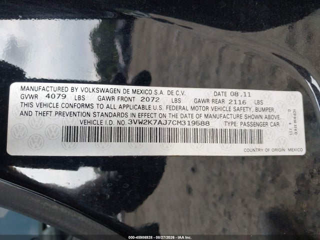 Продажа на аукционе авто 2012 Volkswagen Jetta 2.0l S, vin: 3VW2K7AJ7CM319588, номер лота: 45986928