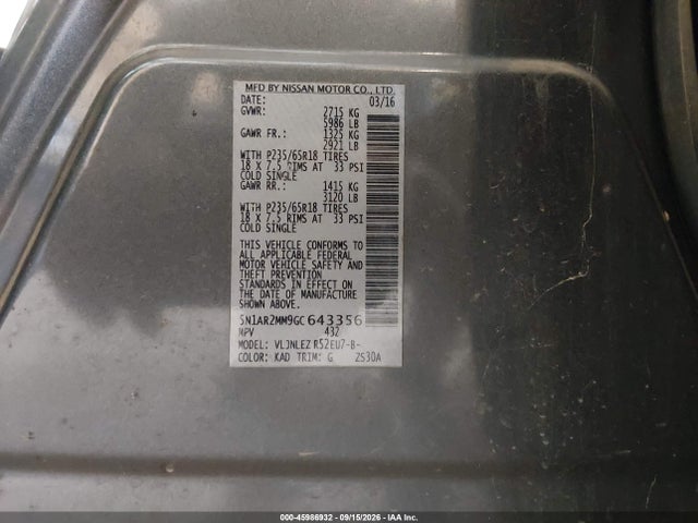 Aukcja sprzedaży 2016 Nissan Pathfinder Sv, vin: 5N1AR2MM9GC643356, numer aukcji: 45986932