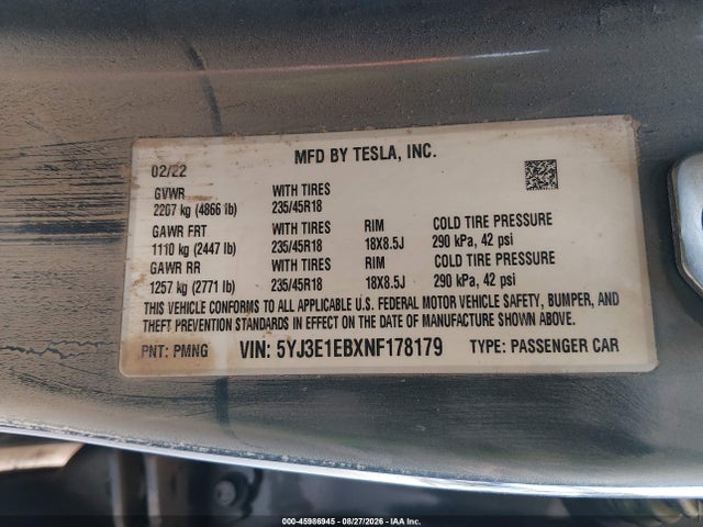 Tesla Model 3 Long Range Dual Motor All-wheel Drive 2022 5YJ3E1EBXNF178179 Image 9