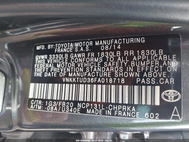 45986956 :رقم المزاد ، VNKKTUD36FA018718 vin ، 2015 Toyota Yaris Le مزاد بيع