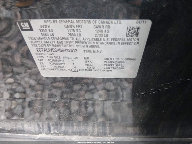 Aukcja sprzedaży 2011 Gmc Terrain Slt-2, vin: 2CTALWEC4B6432512, numer aukcji: 45986966