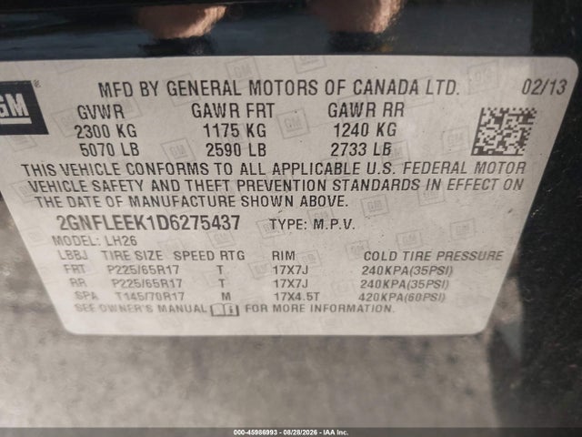 Aukcja sprzedaży 2013 Chevrolet Equinox Lt, vin: 2GNFLEEK1D6275437, numer aukcji: 45986993