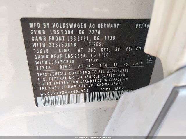 Aukcja sprzedaży 2017 Volkswagen Tiguan 2.0t Sport, vin: WVGUV7AX4HK005978, numer aukcji: 45987003