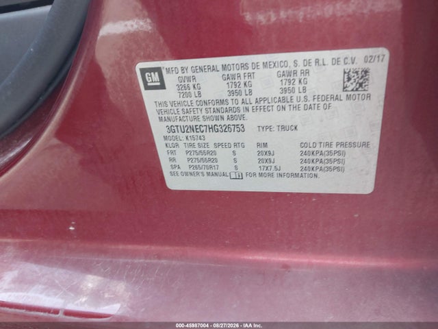 Продаж на аукціоні авто 2017 Gmc Sierra 1500 Slt, vin: 3GTU2NEC7HG326753, номер лоту: 45987004