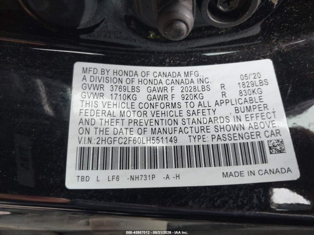 Aukcja sprzedaży 2020 Honda Civic Lx, vin: 2HGFC2F60LH551149, numer aukcji: 45987012