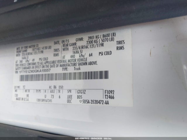 45987013 :رقم المزاد ، 1FTYE1ZM3GKA15557 vin ، 2016 Ford Transit-150 مزاد بيع