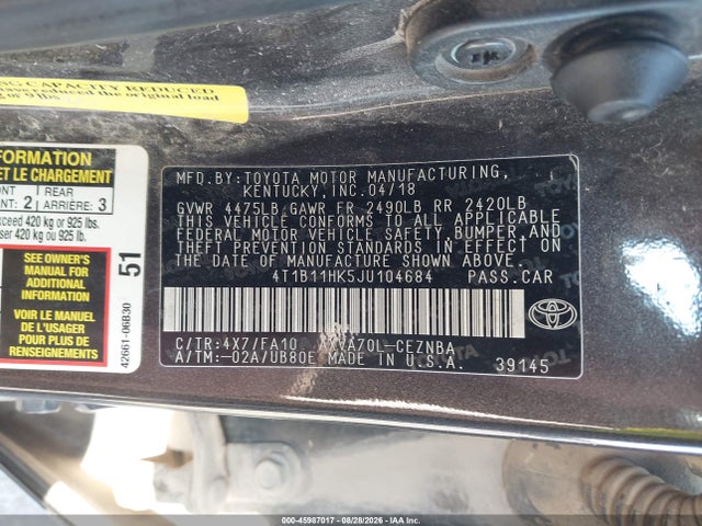 Продаж на аукціоні авто 2018 Toyota Camry Le, vin: 4T1B11HK5JU104684, номер лоту: 45987017