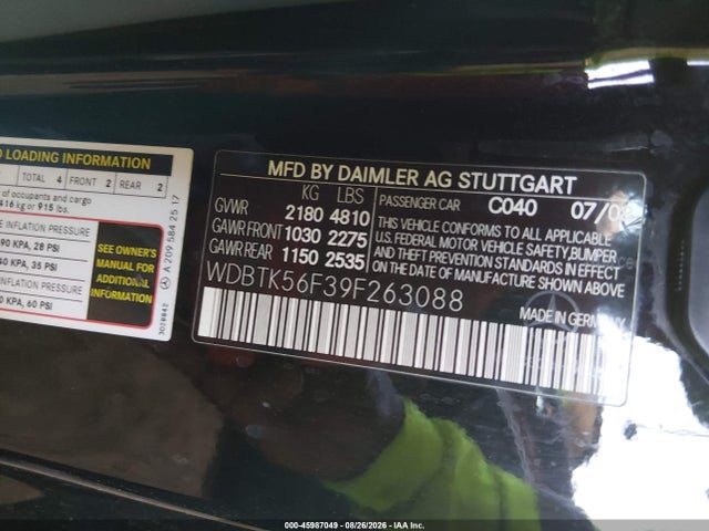 Aukcja sprzedaży 2009 Mercedes-benz Clk 350, vin: WDBTK56F39F263088, numer aukcji: 45987049