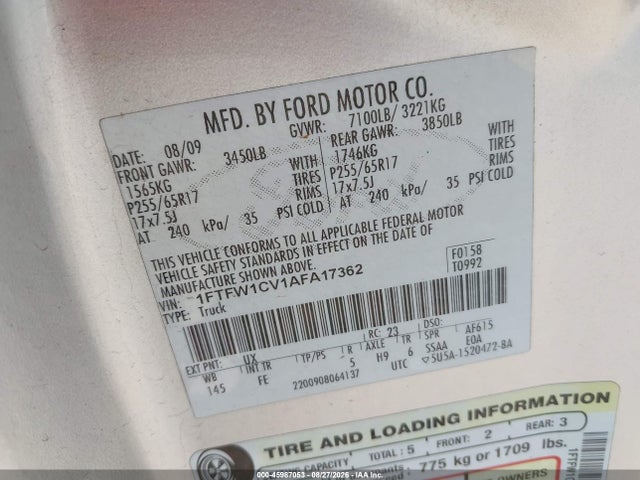 Продаж на аукціоні авто 2010 Ford F-150 Fx2 Sport/harley-davidson/king Ranch/lariat/platinum/xl/xlt, vin: 1FTFW1CV1AFA17362, номер лоту: 45987053