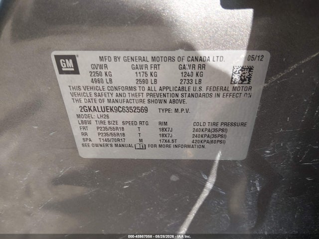 45987058 :رقم المزاد ، 2GKALUEK9C6352569 vin ، 2012 Gmc Terrain Slt-1 مزاد بيع