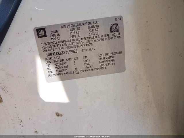 Продаж на аукціоні авто 2015 Chevrolet Equinox 2lt, vin: 1GNALCEK5FZ115020, номер лоту: 45987078