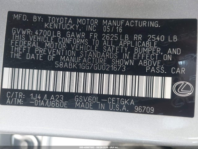 45987083 :رقم المزاد ، 58ABK1GG7GU021673 vin ، 2016 Lexus Es 350 مزاد بيع