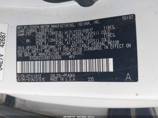 Aukcja sprzedaży 2008 Toyota Sienna Limited, vin: 5TDZK22CX8S132695, numer aukcji: 45987094