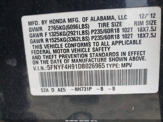 2013 Honda Pilot Touring მანქანა იყიდება აუქციონზე, vin: 5FNYF4H91DB026965, აუქციონის ნომერი: 45987099