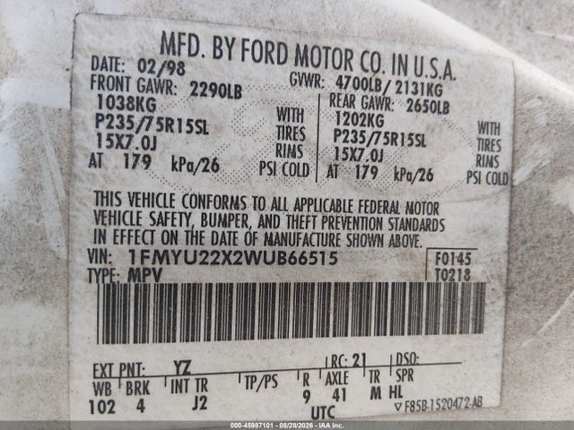 45987101 :رقم المزاد ، 1FMYU22X2WUB66515 vin ، 1998 Ford Explorer Sport مزاد بيع