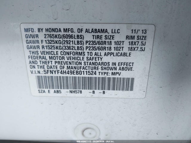 2014 Honda Pilot Ex მანქანა იყიდება აუქციონზე, vin: 5FNYF4H49EB011524, აუქციონის ნომერი: 45987113