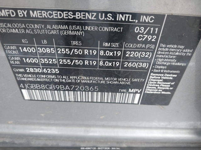Продажа на аукционе авто 2011 Mercedes-benz Ml 350 4matic, vin: 4JGBB8GB9BA720365, номер лота: 45987120
