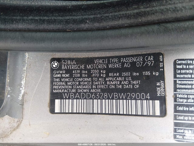 45987126 :رقم المزاد ، WBADD6328VBW29004 vin ، 1997 Bmw 528 I Automatic مزاد بيع