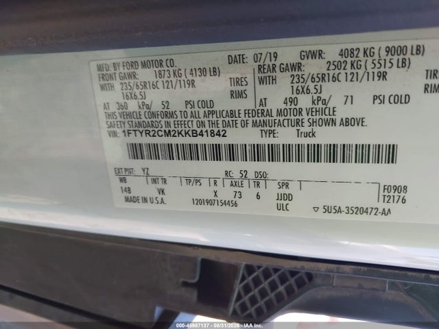 Продаж на аукціоні авто 2019 Ford Transit-250, vin: 1FTYR2CM2KKB41842, номер лоту: 45987137