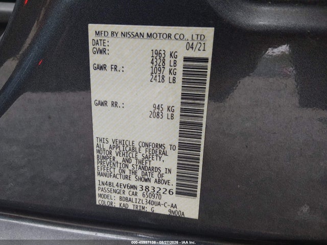 2021 Nissan Altima Sl Fwd მანქანა იყიდება აუქციონზე, vin: 1N4BL4EV6MN383226, აუქციონის ნომერი: 45987138