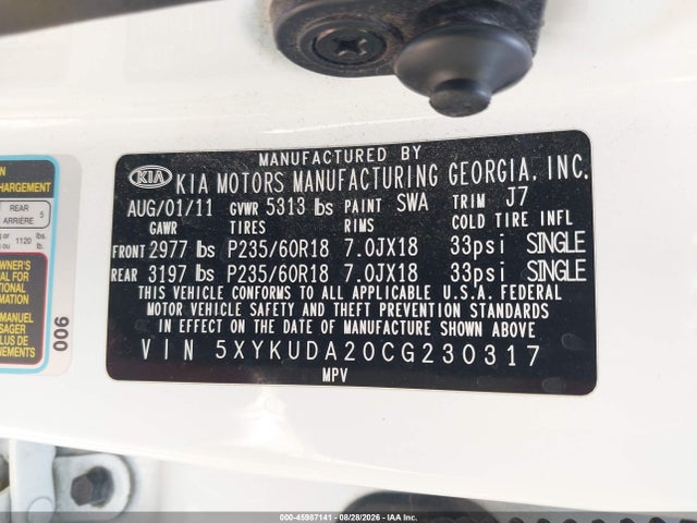 45987141 :رقم المزاد ، 5XYKUDA20CG230317 vin ، 2012 Kia Sorento Ex V6 مزاد بيع