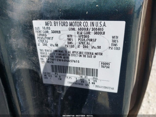 2004 Ford F-150 Stx/xl/xlt მანქანა იყიდება აუქციონზე, vin: 1FTRF12W44NA57615, აუქციონის ნომერი: 45987148