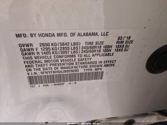 Aukcja sprzedaży 2018 Honda Pilot Ex-l, vin: 5FNYF6H54JB029203, numer aukcji: 45987150